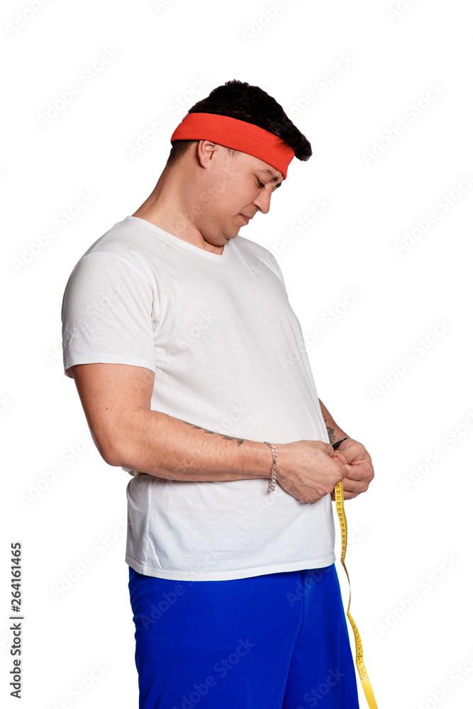 Fat man with a tape measure isolated on white background