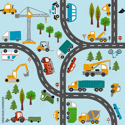 Vehicle pattern design with several machines - funny hand drawn doodle, seamless pattern. Lettering poster or t-shirt textile graphic design. / wallpaper, wrapping paper, background.