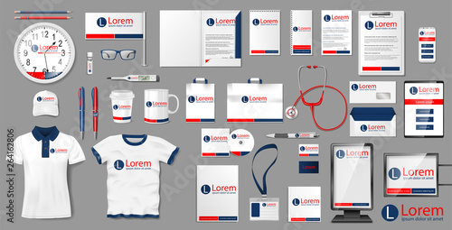Corporate medical clinic Branding identity template design. Pharmacy Stationery mockup elements for presentation. Business Modern style medical template for your brand. Vector illustration