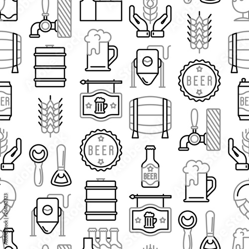 Craft beer seamless pattern with thin line icons related to Octoberfest: beer pack, hop, wheat, bottle opener, manufacturing, brewing, tulip glass, mag with foam, can. Modern vector illustration.