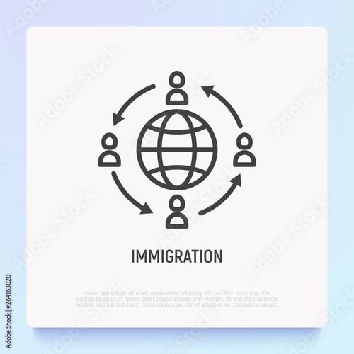 Immigration thin line icon: people moving around globe. Modern vector illustration.