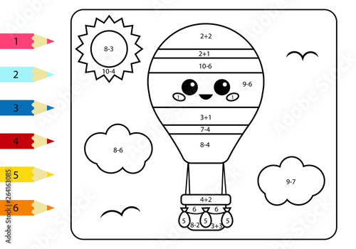 Coloring page by numbers. Kawaii cartoon hot air balloon. Activity worksheet addition and subtraction. Educational game for children.