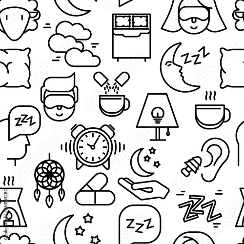 Sleep and insomnia seamless pattern with thin line icons: man in sleeping mask, comfortable pillow, alarm, aroma lamp, earplugs, sheep. Vector illustration for banner, web page, print media.