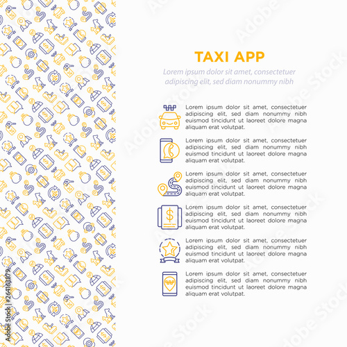 Taxi app concept with thin line icons: payment method, promocode, app settings, info, support service, phone number, pointer, airport transfer, baby seat. Vector illustration for print media.