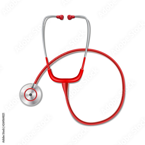 Health care concept with red stethoscope mockup isolated. Realistic stethoscope medicine equipment for health diagnosis. Vector illustration