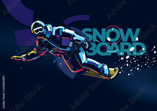 Snowboarder man riding on slope on the dark background. Banner in a digital painting