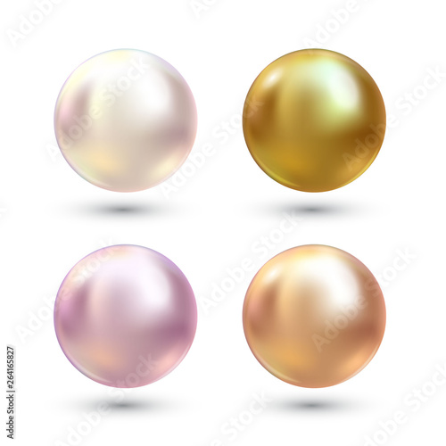 Realistic varicoloured pearls vector set. Precious pearl in sphere form. Pearl is luxury glossy stone illustration