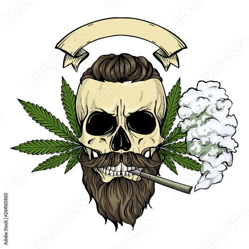 Hand drawn sketch, color skull with beard and mustaches, cigarette, smoke and hemp leaf