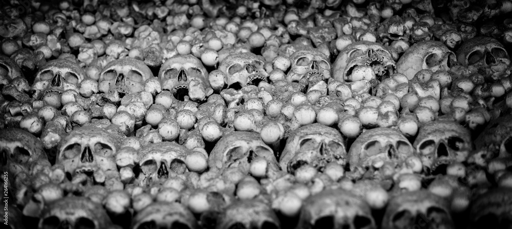 Death, evil, funeral or drama concept. Background of skulls and bones in the catacombs. Death, evil, funeral or drama concept. Background of skulls and bones in the catacombs.