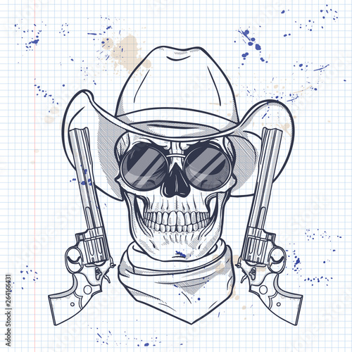 Sketch, skull with cowboy hat, neck scarf, revolver and glasses on a notebook page