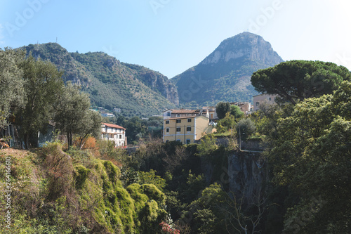 Road near a mountains in the town, small village, travel concept, beautiful pine tree, hotel, hostel, camping, Sorrento, Italy