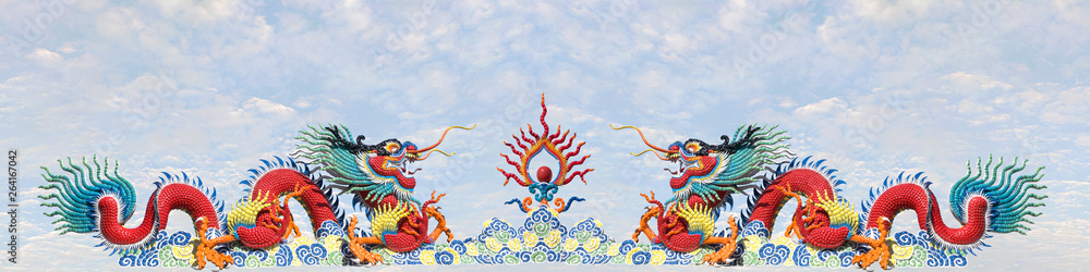 Panorama of twin colorful Chinese dragon on blue sky