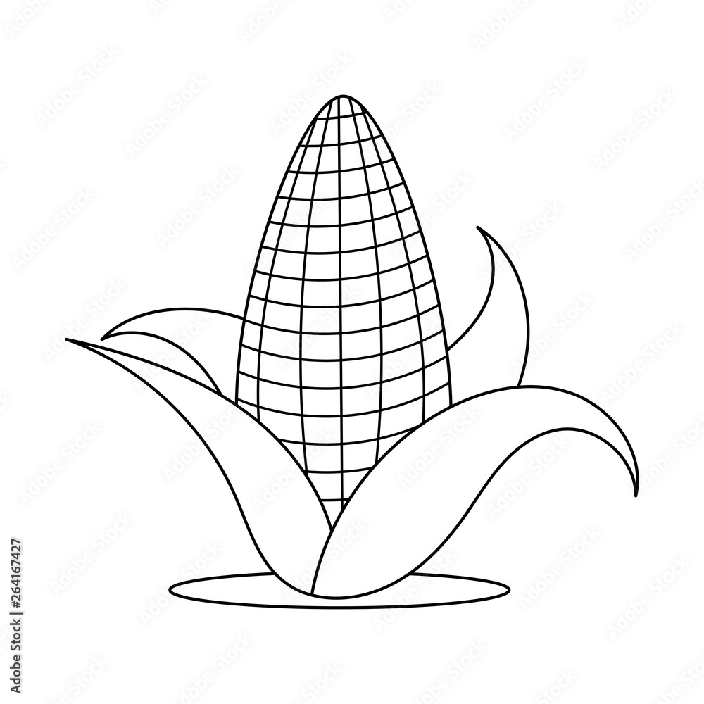 Funny isolated yellow corn with green leaves. White background. Black and  white sketch, element for a colouring book. Cartoon style illustration.  Vector. Stock Vector | Adobe Stock