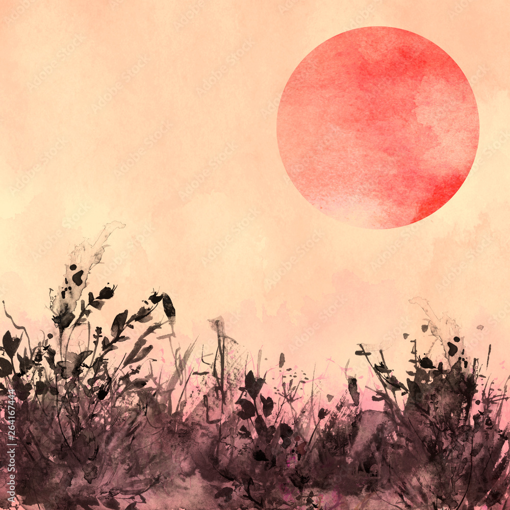 watercolor illustration. Vintage wild grass, flowers, plants, red sun, sunset, sky. pink, red ink, paint. Stylish fashionable card, background, pattern. Linear curb with a floral pattern. 