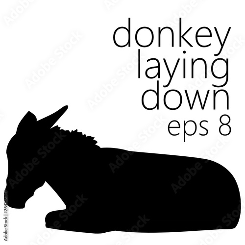 Silhouette of a small donkey (burro) sitting down, resting, taking a break from eating and having a siesta. Black vector shape, graphic resource, eps 8.