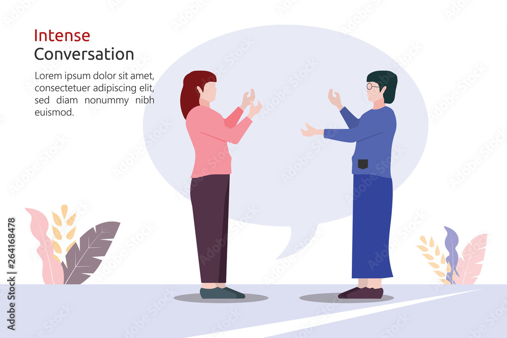 intense conversation concept, two women are talking and chatting each other, communication with others, landing page, flat style design, vector illustration intense conversation concept, two women are talking and chatting each other, communication with others, landing page, flat style design, vector illustration