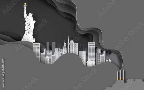 paper craft and art of cigarette with cityscape concept.Abstract curve wave layer black background,architecture in new york usa. Creative design smoking idea color simple.paper cut.illustration.vector