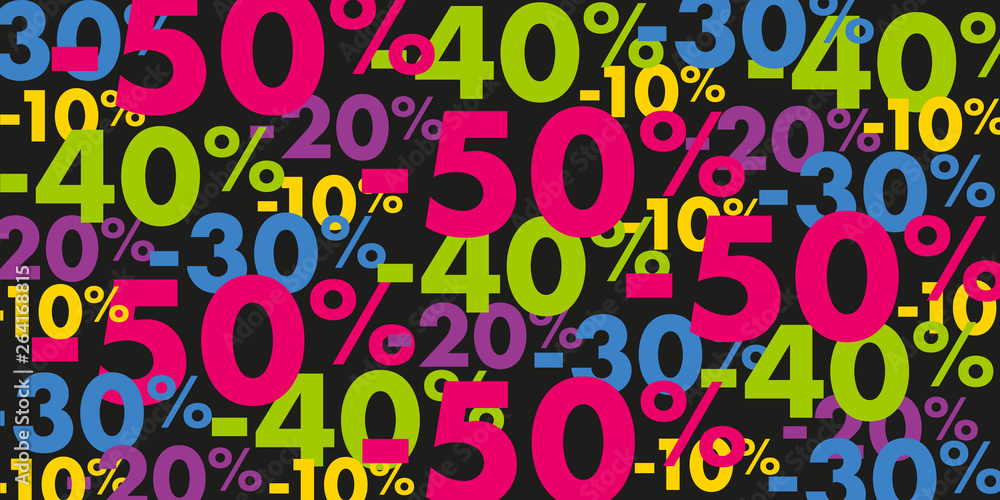 Bannière publicitaire pour des promotions, présentant une multitude de pourcentage de réduction pour les soldes Bannière publicitaire pour des promotions, présentant une multitude de pourcentage de réduction pour les soldes