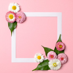 Minimalistic layout made of paper frame border and tender spring flowers on pastel pink background. Minimal nature composition with copy space. Flat lay setting. Top view, overhead