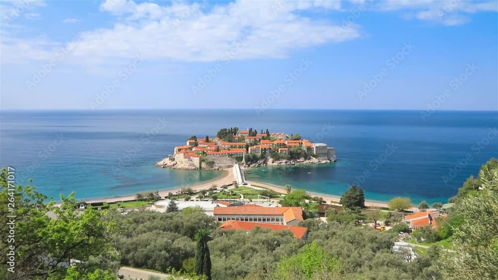 View of Sveti Stefan island in sunny day, Montenegro View of Sveti Stefan island in sunny day, Montenegro