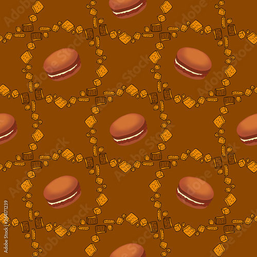 Hand drawn seamless pattern of cookies products and macaroons. Baked goods background.