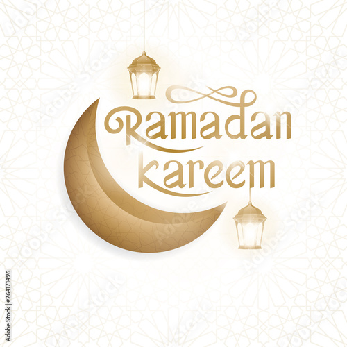 Ramadan Kareem Greeting card Calligraphy with Traditional lantern and crescent. Arabic shining lamps, Islamic background. Ramadan hanging shiny lanterns poster with crescent moon. Vector