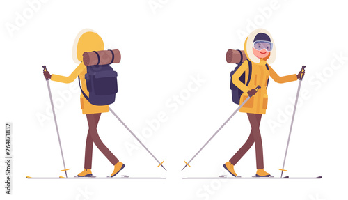 Winter hiking woman skiing. Female tourist, skier with backpacking gear, wearing bright jacket, attached hood, professional footwear Vector flat style cartoon illustration isolated on white background