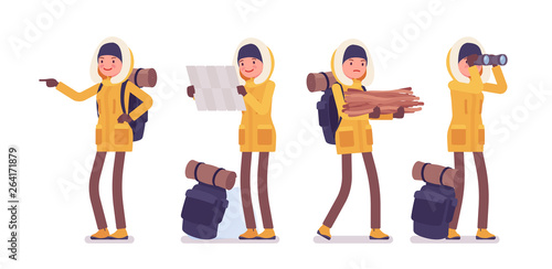 Winter hiking woman exploring route. Female tourist with backpacking gear, wearing bright jacket attached hood, professional footwear. Vector flat style cartoon illustration isolated, white background