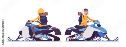 Winter hiking woman riding a snowmobile. Female tourist with backpacking gear, wearing bright jacket, hood, professional footwear. Vector flat style cartoon illustration isolated on white background