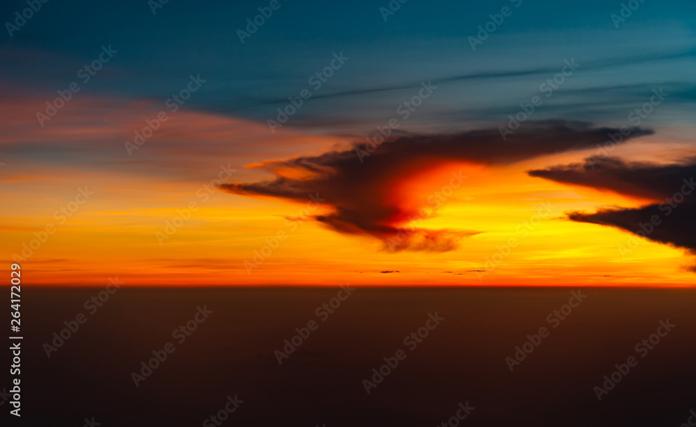 Sunset sky airplane view out of the window, Travel and Holiday vacation background concept