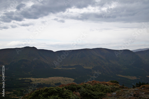 Mountain landscape with green grass against the sky. Panoramic view of the cliffs without people. Wildlife on hills and altitude.