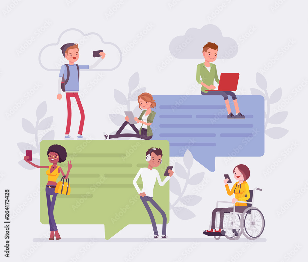 Chatting and young friends communication with smartphone. Group of diverse people exchange messages online, sending photo over internet, giant speech bubble and cloud symbol. Vector illustration Chatting and young friends communication with smartphone. Group of diverse people exchange messages online, sending photo over internet, giant speech bubble and cloud symbol. Vector illustration
