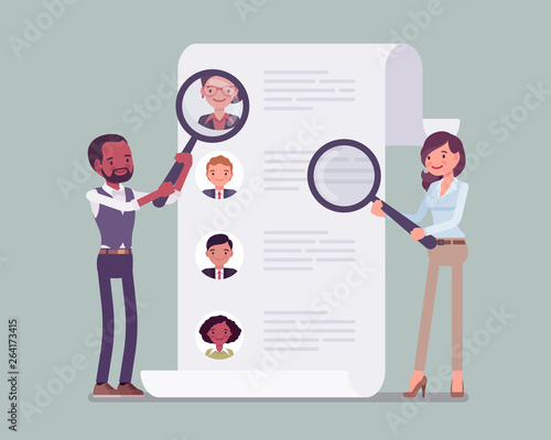 HR managers searching for employee. Male and female workers of recruiting service with magnifying glass looking for best candidate cv, recruitment agency trying to find new talent. Vector illustration