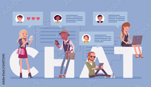 Chat letters and young friends communication with smartphone and laptop. Group of diverse people take part in a discussion  exchange messages online  sending photo over internet. Vector illustration