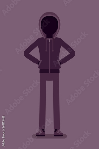 Anonymous silhouette with hidden face. Hacker dark abstract body, covered with hood, online person not identified by name, unknown faceless user, incognito with evil intentions. Vector illustration