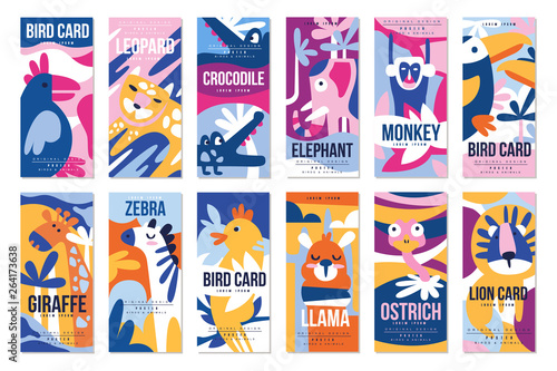 Birds and animals poster set, design element with peacock, flamingo, bull, giraffe, zebra, leopard, crocodile can be used for banner, greeting card, birthday party, invitation vector Illustration