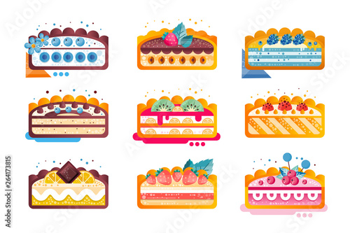 Piece of layered delicious cake set, cakes with various ingredients with fruits and berries on top vector Illustration on a white background