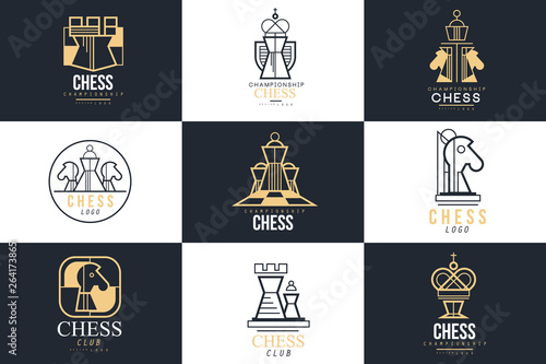 Chess logo set, design element for championship, tournament, chess club, business card, vlack and white vector Illustration
