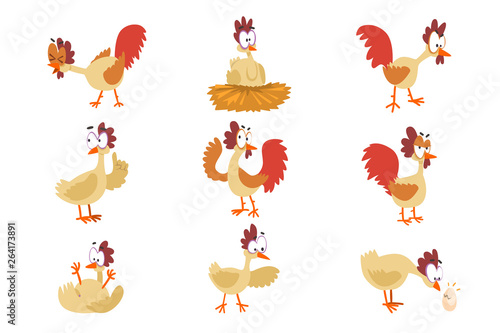 Funny hen set, comic cartoon bird characters in different poses and emotions vector Illustrations on a white background.