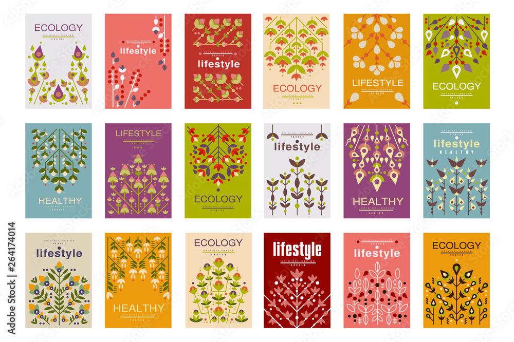 Ecology cards set, ecological templates for poster, banner, flyer, invitation, brochure vector illustrations, healthy lifestyle concept background
