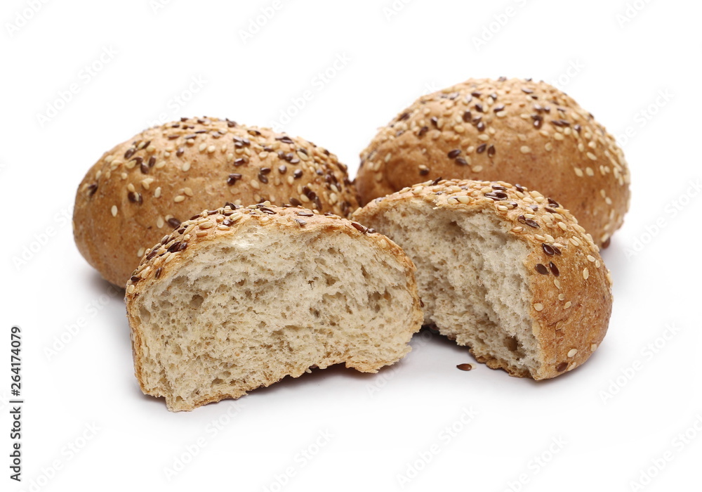 Bread with sesame, burger buns isolated on white background Bread with sesame, burger buns isolated on white background