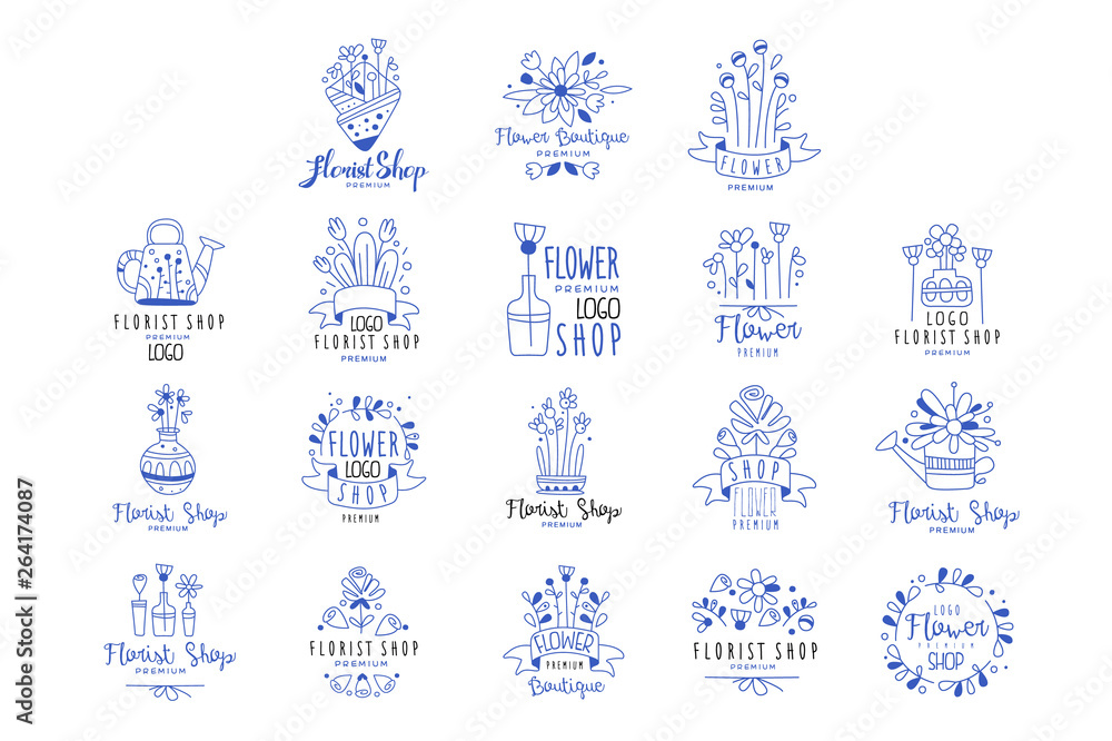 Florist shop logo premium set, flower boutique badges hand drawn vector Illustrations in blue colors on a white background