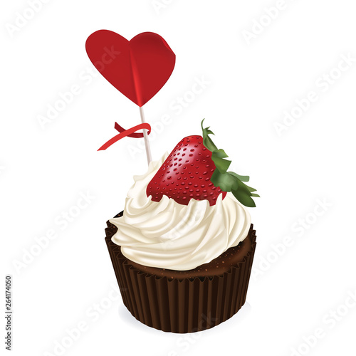 Chocolate Strawberry Cupcake  and red heart. Holiday. Sweet dessert. Cake  cupcake. 3d realistic