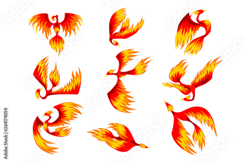 Flaming phoenix bird set, fairy tale character from Slavic folklore vector Illustrations on a white background