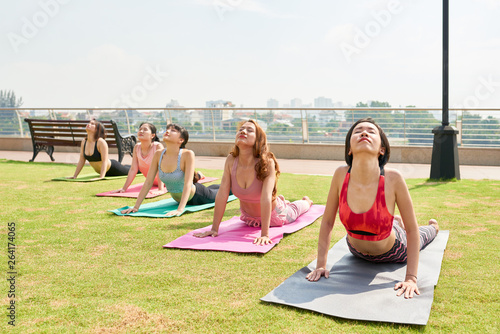 Yoga class exercising outdoors