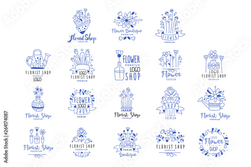 Florist shop logo premium set, flower boutique badges hand drawn vector Illustrations in blue colors on a white background