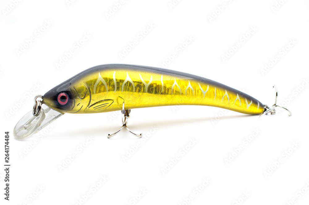 Bait for fishing wobbler with hooks on a white background Bait for fishing wobbler with hooks on a white background
