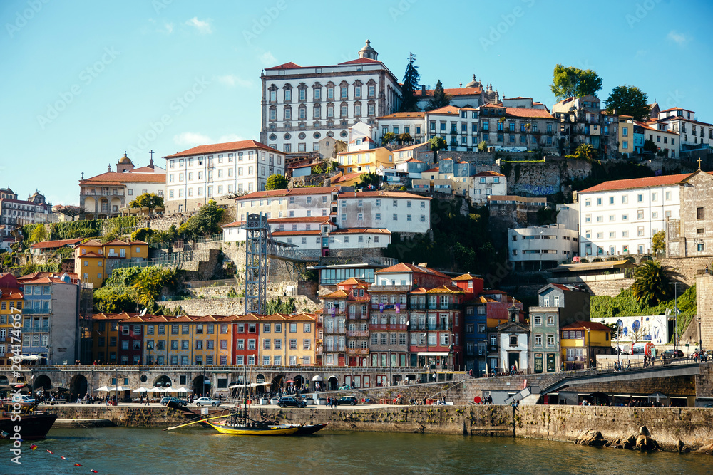 Panorama of river Douro and the old town of Porto, the second largest city in Portugal after Porto