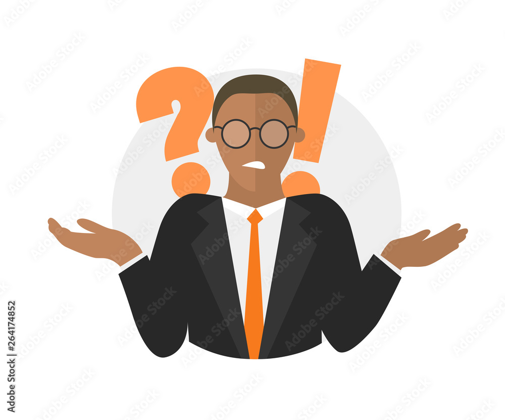 Businessman doubts. Black man with a question mark. illustration isolated on white Businessman doubts. Black man with a question mark. illustration isolated on white