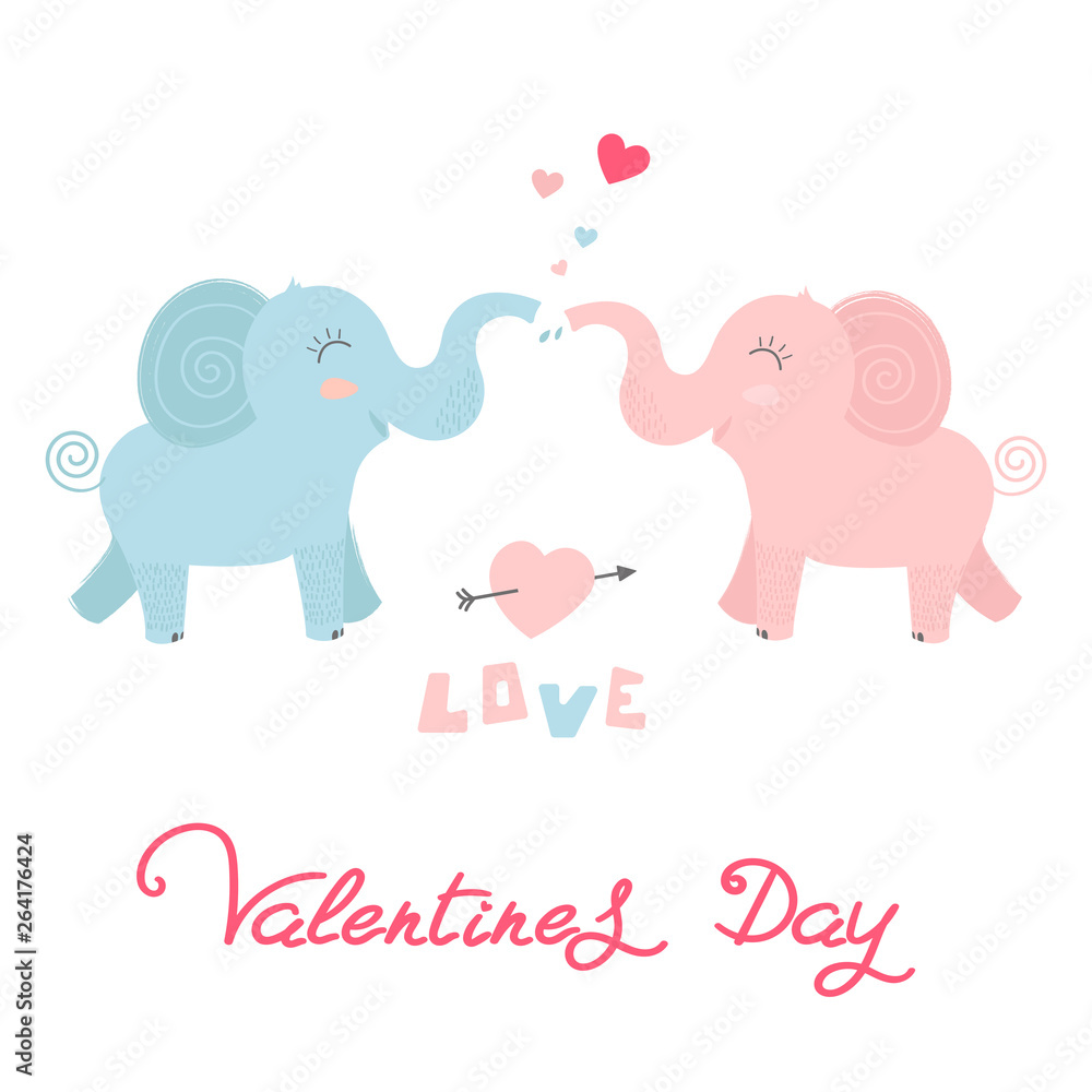 Fototapeta premium Elephant's love. Little animals with big love. Valentine's day postcard 